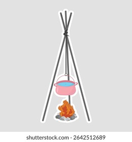 Campfire Cooking Pot Sticker. Cartoon vector sticker of a pink pot boiling over a campfire on a tripod, ideal for outdoor cooking and camping themes