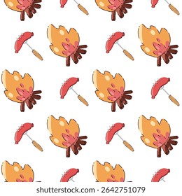 Campfire cooking seamless pattern. Vector illustration of sausages on forks and bonfire flames. Perfect for textiles, packaging, and outdoor designs. Flat cartoon style, white background