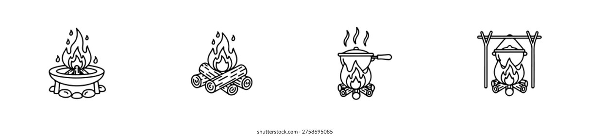 Campfire and cooking setup icons for outdoor, survival, and camping themes.