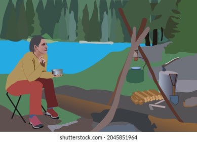 campfire and cookware in outdoor activity with nature background. Female adventure sitting near bonfire