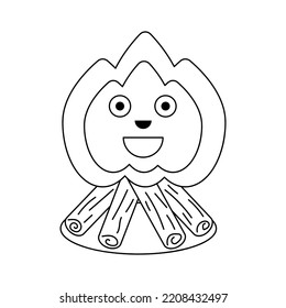 Fogata linda1. Una fogata linda, alegre y sonriente con los ojos y la nariz. Dibujo vectorial de dibujos animados en blanco y negro.