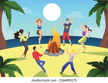 Campfire dance party banner backdrop with young men and women characters. Group of happy people enjoying party in forest, colorful flat vector illustration.