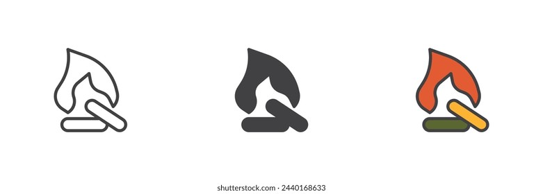 Campfire different style icon set. Line, glyph and filled outline colorful version, outline and filled vector sign. Bonfire Symbol, logo illustration. Vector graphics