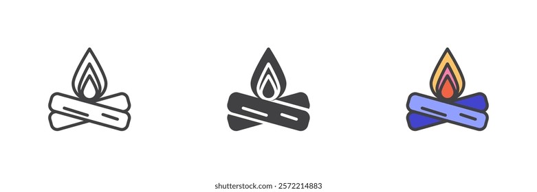 Campfire different style icon set. Line, glyph and filled outline colorful version, outline and filled vector sign. Bonfire symbol, logo illustration. Vector graphics