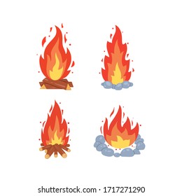 Campfire different types. Vector burning bonfire frames. Camping fire collection. Fireplace with fire coals or woodfire in cartoon style set.