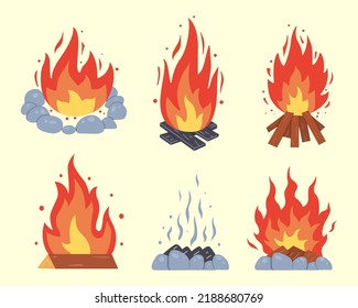 Campfire different types. Vector burning bonfire frames. Camping fire collection. Fireplace with fire coals or woodfire in cartoon style set.