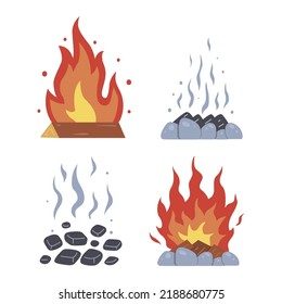 Campfire different types. Vector burning bonfire frames. Camping fire collection. Fireplace with fire coals or woodfire in cartoon style set.