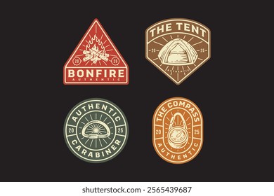 campfire, dome camping tent, compass with key chain, carabiner D shape, bonfire, navigation retro badge logo vector design collection set for adventure, explorer, mountaineer, hiker and climber