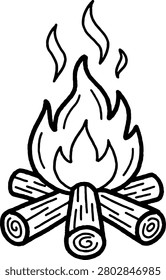 Campfire doodle black and white outline illustration isolated on white background
