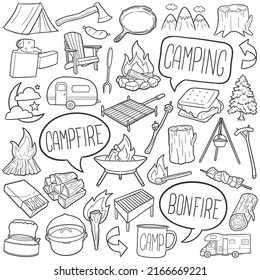 Campfire Doodle Icons. Hand Made Line Art. Camping Fire Clipart Logotype Symbol Design.