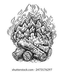 Campfire drawing. Outdoor bonfire of branches. Fire burning wooden logs. Firewood flame with flaming coals