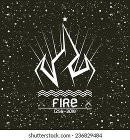 Campfire emblem in geometric lines style with texture. White print on a black background