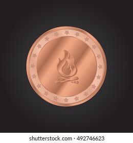 Campfire embossed realistic bronze coin precious Icon / Logo Design