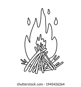 Campfire. Fire flame and branches. Hand drawn vector illustration in doodle style on white background. Isolated black outline. Camping and tourism.