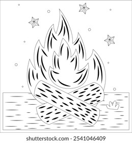 Campfire. Fire flame and branches. Hand drawn vector illustration in doodle style on white background. Isolated black outline. Camping and tourism. 134