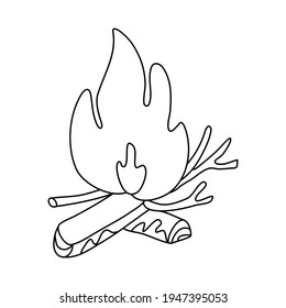 Campfire. Fire flame and logs. Hand drawn vector illustration in doodle style on white background. Isolated black outline. Camping and tourism.