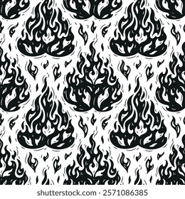 Campfire. Fire Flame. Seamless Pattern of Bonfire. Hand drawn Vector illustration. Black and White