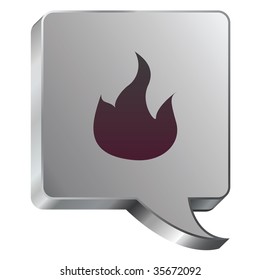 Campfire or fire icon on stainless steel modern industrial voice bubble icon suitable for use as a website accent, on promotional materials, or in advertisements.