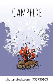 Campfire, fire over wood logs and cloud of smoke. Graphic vector illustration with copy space.