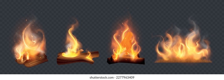 Campfire fireplace burning lump wood and grass realistic set isolated on transparent background vector illustration