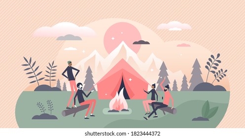 Campfire or fireplace camping adventure with friends tiny persons concept. Outdoor tourism with overnight in forest or foods with tents vector illustration. Active leisure with survival elements scene