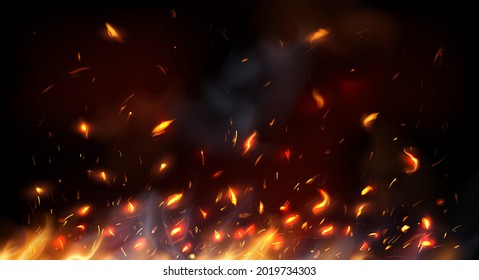 Campfire, fireplace flying sparks, burning flame red hot sparks. Realistic vector fire with particles, embers and cinder flying up. 3d bonfire blaze effect, glow shining flare. Heat tongues background