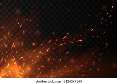 Fogata, chimenea, chispas voladoras, llama roja. Fondo de vector 3d realista con fuego brillante o hoguera, partículas de llama rojas y anaranjadas vuelan en el aire. Firestorm, fuego de fuego sobre fondo negro