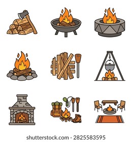 Campfire and fireplace line icons.