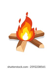 Campfire or fireplace pile of burning wood isolated on white background. Campfire vector stock illustration. 