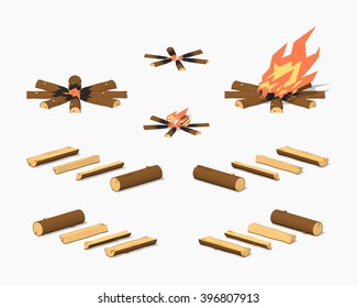 Campfire and firewood. 3D lowpoly isometric vector illustration. The set of objects isolated against the white background and shown from different sides