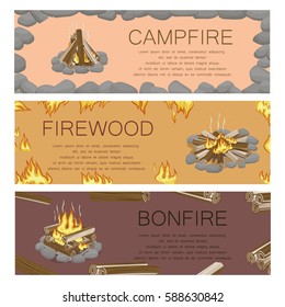 Campfire firewood and bonfire colorful poster. Vector collection of touristic fire with flame kinds pictures with frame of grey stones, burning flame and wooden logs. Burning bonfire template