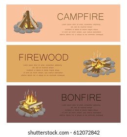 Campfire firewood and bonfire colorful poster. Vector collection of touristic fire with flame kinds pictures with frame of grey stones, burning flame and wooden logs. Burning bonfire template