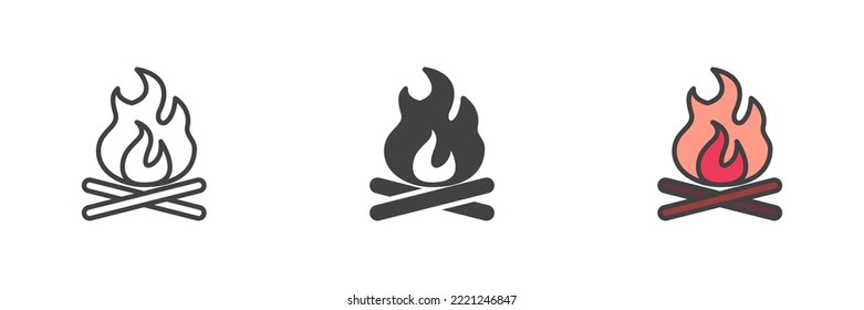 Juego de iconos de estilo diferente para leña de fuego. Línea, glifo y contorno relleno versión colorida, contorno y signo vectorial relleno. Símbolo, ilustración del logotipo. Gráficos vectoriales