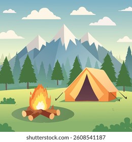 Campfire with a firewood in the forest outdoor