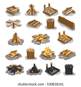 Campfire and firewood set isolated on white. Stages of making burning fire. Bonfire collection camping, burning woodpile campfire fireplace concept. Tourist firewoods vector illustrationin flat style