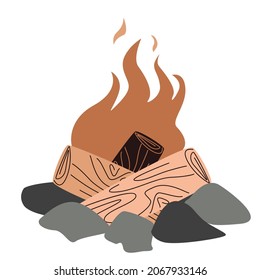 Campfire with firewood and stones for hiking. Vector illustration in hand-drawn style, isolated on a white background