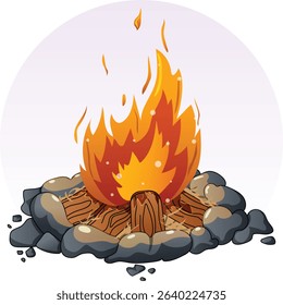 Campfire with Firewood and Straws – Detailed Bonfire Pop Art Illustration Surrounded by Rocks