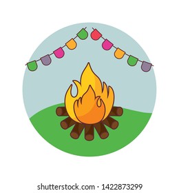 campfire flame with garlands in frame circular