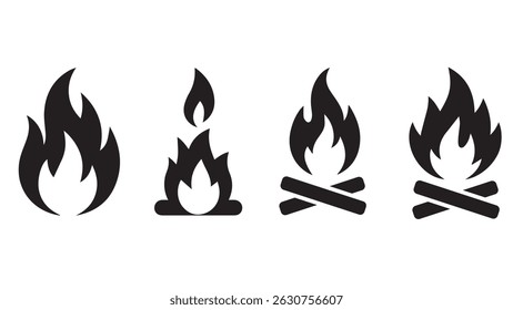 Campfire Flame Icons Set – Black Fire Symbol Silhouettes with Logs for Camping, Outdoors, Survival, and Graphic Design Use