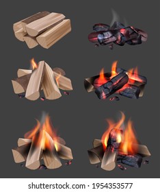 Campfire flame. Outdoor camping realistic collection with bonfire bright burning fire decent vector illustrations set