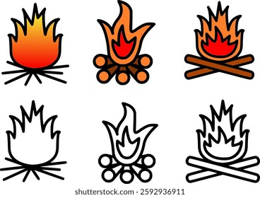 Campfire , Flame Vector Icon Set | Bonfire, Firewood, Burning, Outline , Color Designs for Logo, Stickers, Signs, and Illustrations