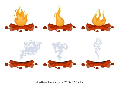 Las llamas de fuego de la hoguera incendian varios conjuntos aislados. Ilustración de diseño gráfico plano vectorial