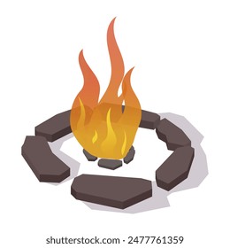 Campfire with flames surrounded by rocks on a white background. Vector illustration