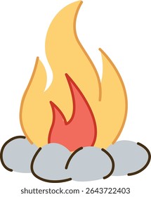 A campfire with flames and surrounding stones in a cartoon style. The fire burns brightly atop a circle of rocks. Cartoon vector illustration.