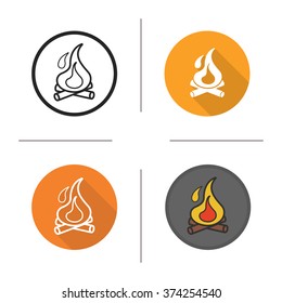 Campfire flat design, linear and color icons set. Tourist bonfire. Scout camp fire with firewood symbol. Contour and long shadow logo concepts. Isolated vector illustrations. Infographic elements