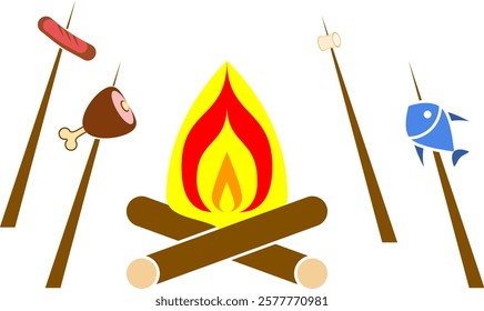 campfire with food in a stick vector icon 