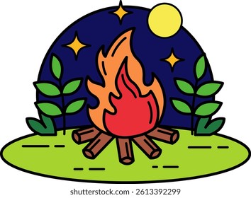 a campfire in a forest at night