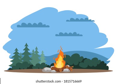 Campfire in forest at night background. Traveling and camping with bonfire lit. Tourist outdoor scene vector illustration. Beautiful night time, scenic horizontal panorama, green bushes and trees.