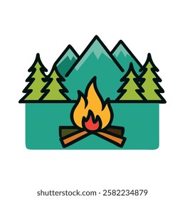 A campfire in a forested mountain area representing adventure and outdoor camping