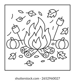 Campfire Fun Coloring Page – Autumn Bonfire with Marshmallows